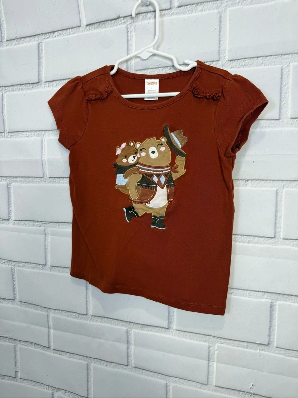 Gymboree Girls Bear Graphic Flutter Sleeve T-Shirt Size 7 Brown Cute Cotton Top